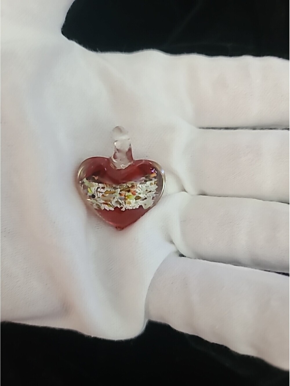 Hand Blown Art Glass Red & Silver Puffy Heart Pendant